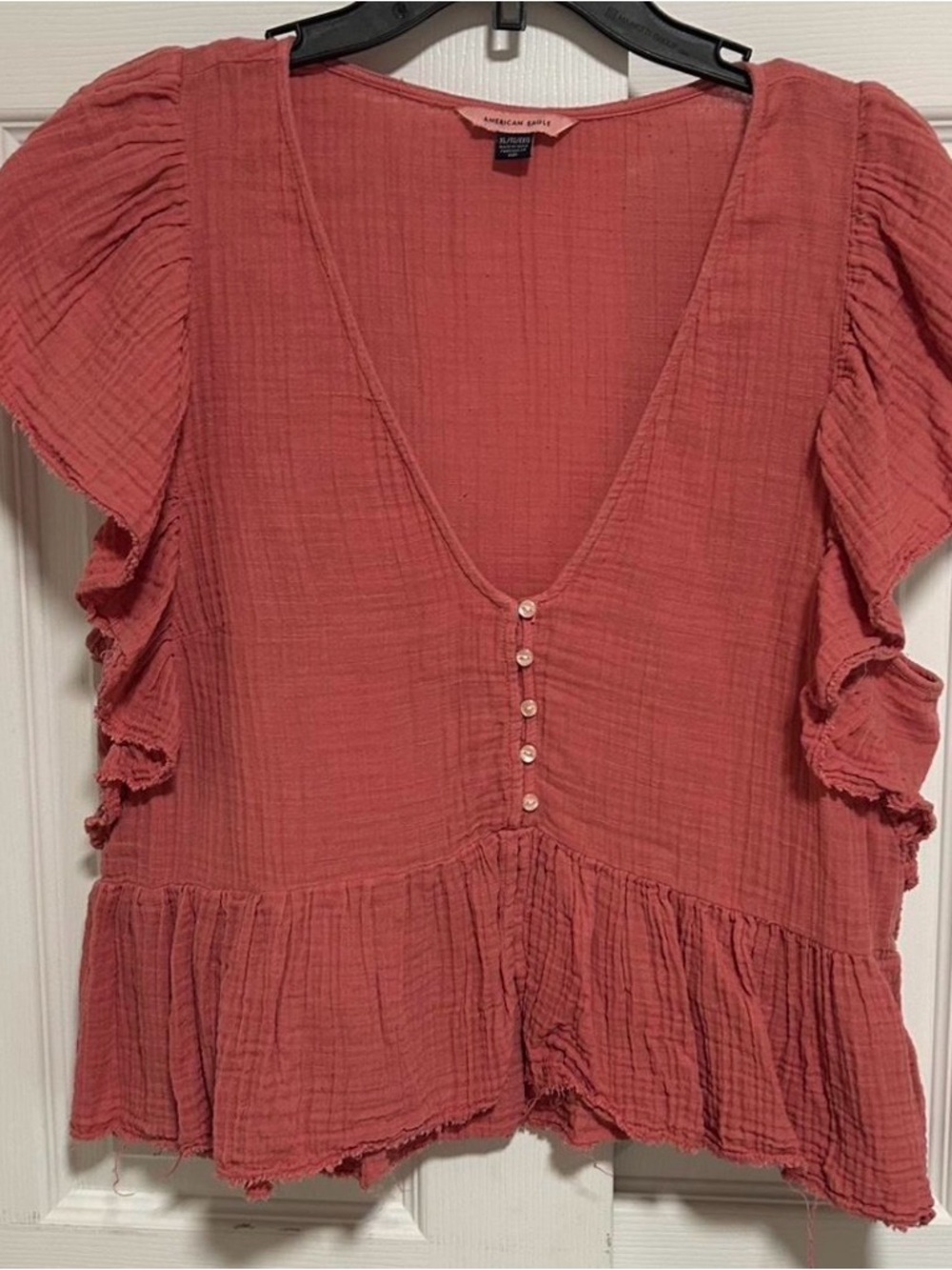 American Eagle Outfitters Dusty Rose Ruffle Peplum Button V-Neck Top